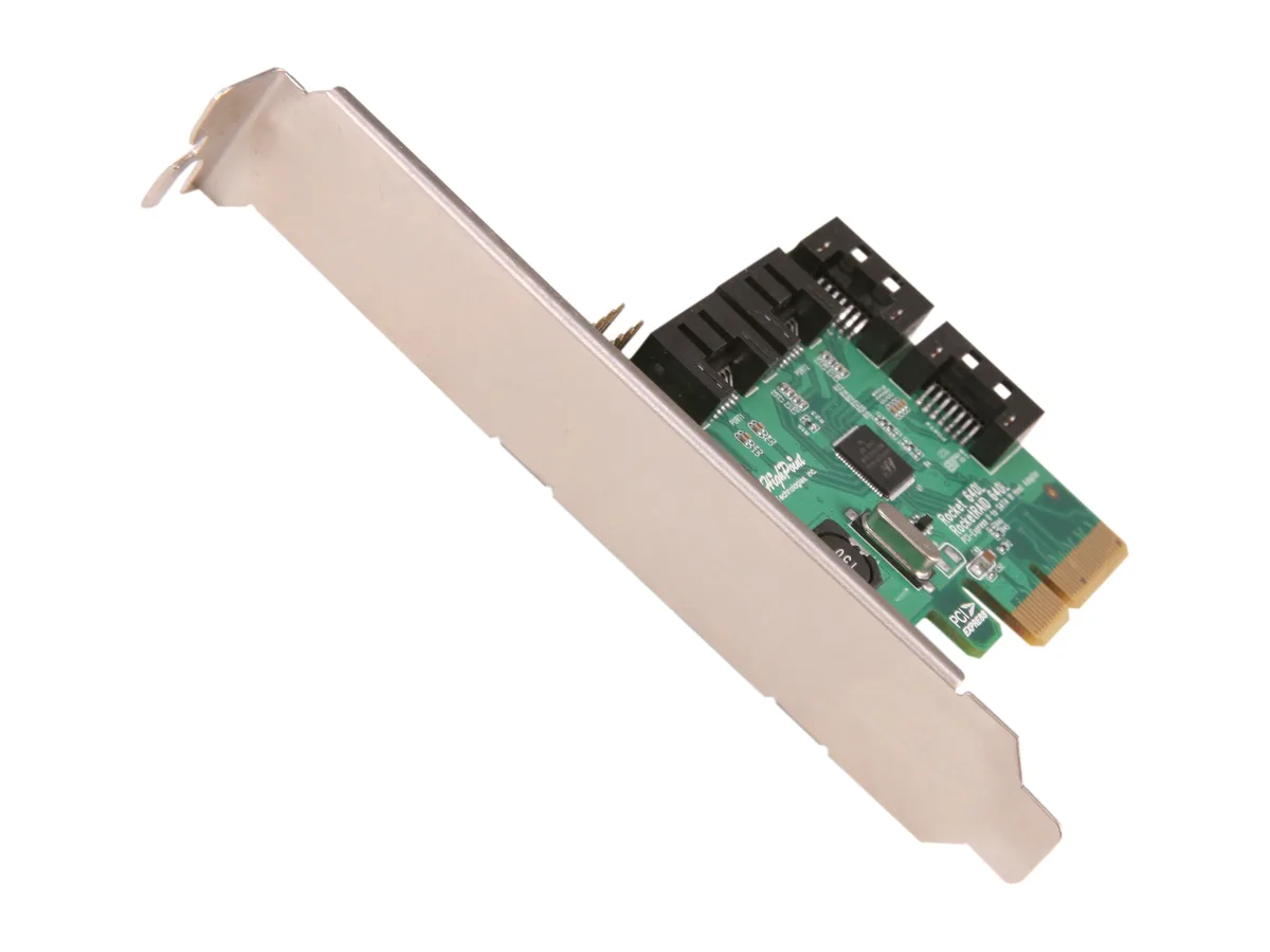 Low-profile RAID card with four SATA ports, silver bracket, green PCB