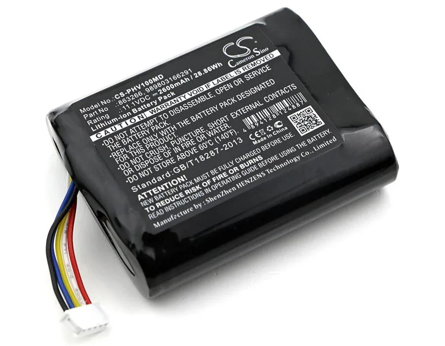 Rectangular medical monitor battery, light grey plastic casing with label and connector pins