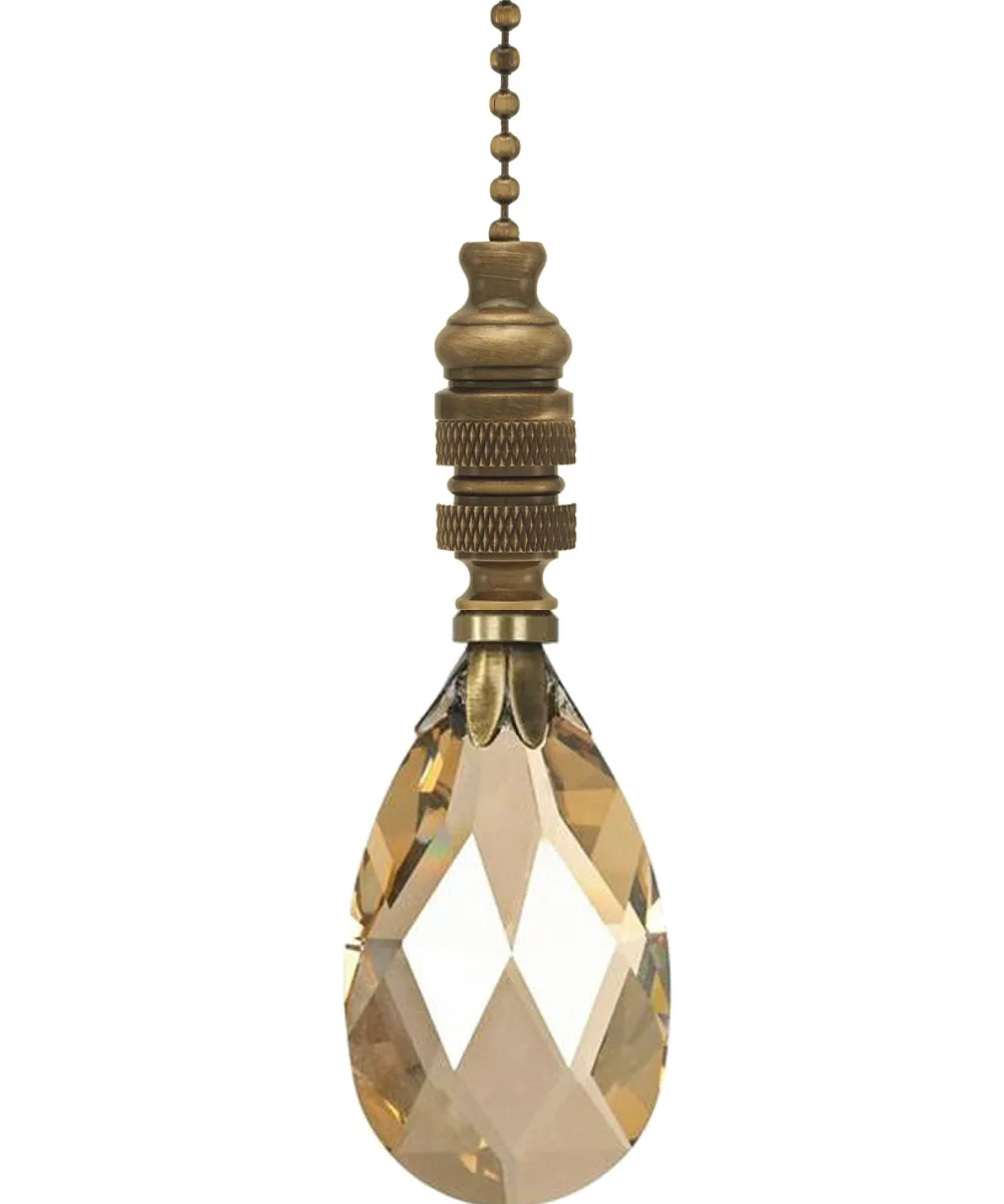 Antique brass teardrop crystal fan pull with beaded chain, 2.75 inches high