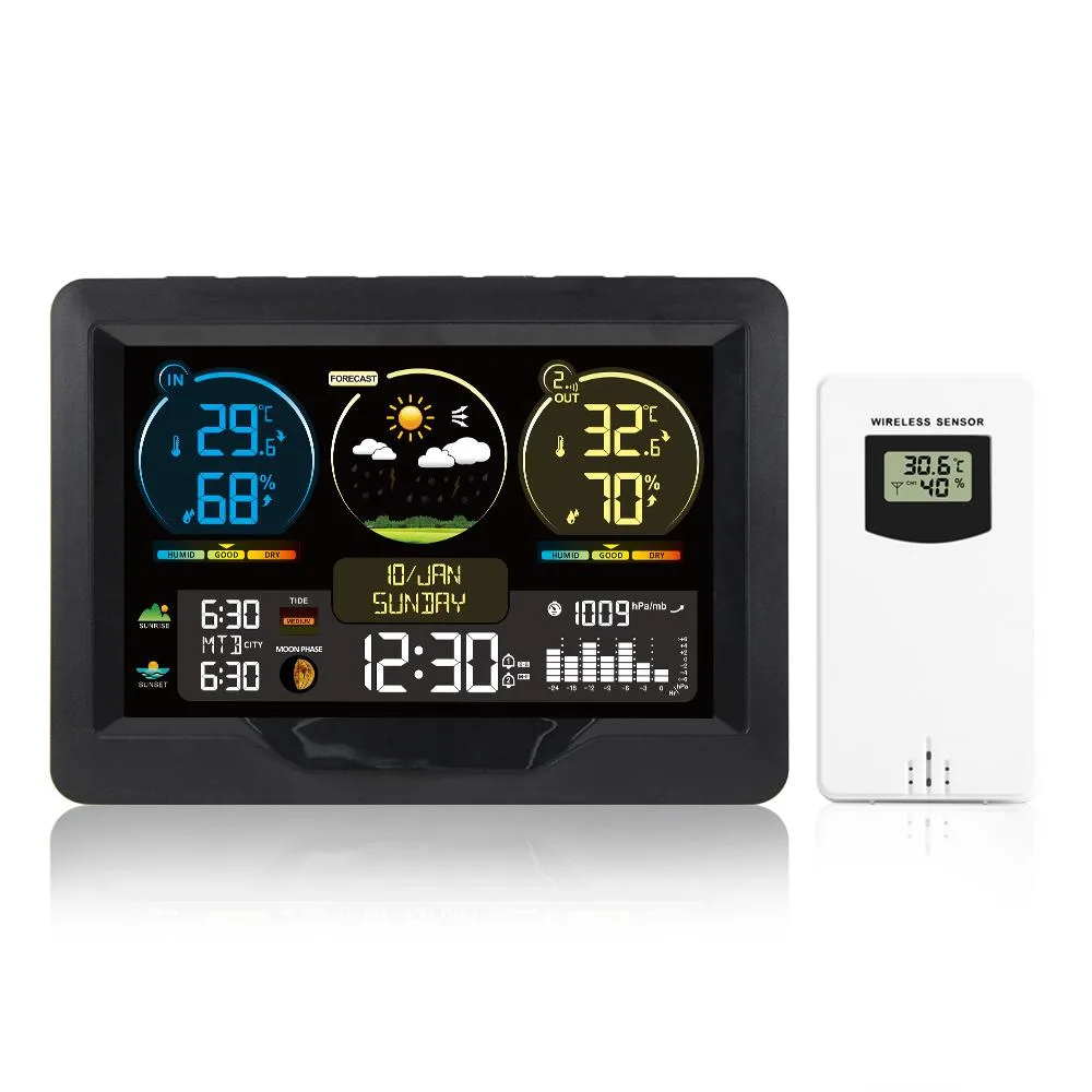 Rectangular weather station with large colour screen and outdoor sensor, matte black ABS finish