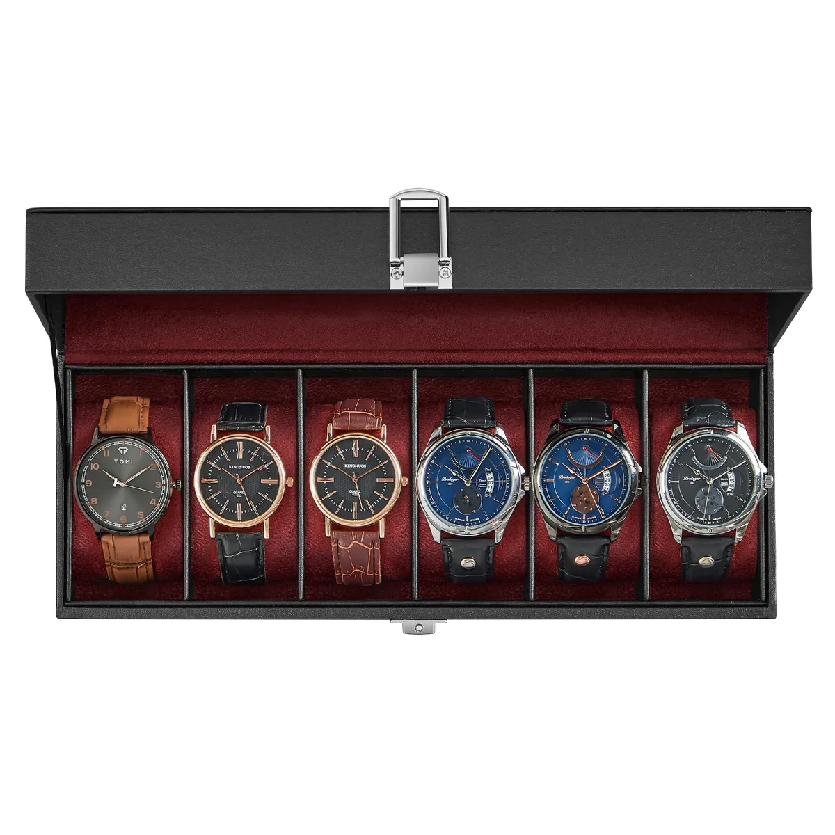 Black rectangular watch box with glass lid and six velvet slots