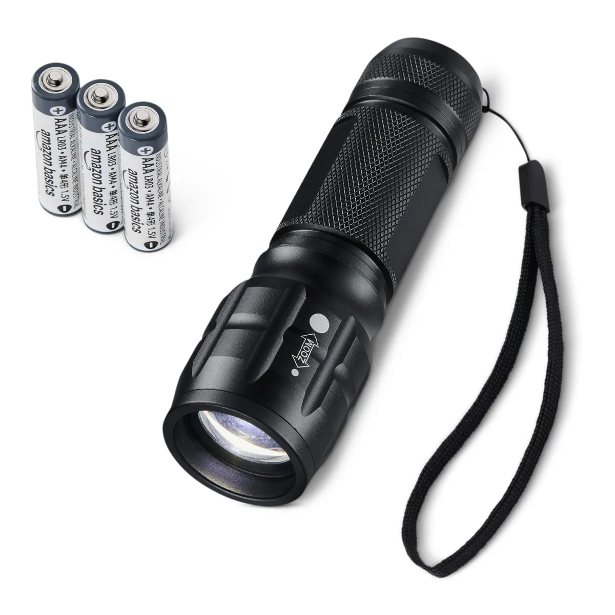 Black cylindrical aluminum mini flashlight with lanyard