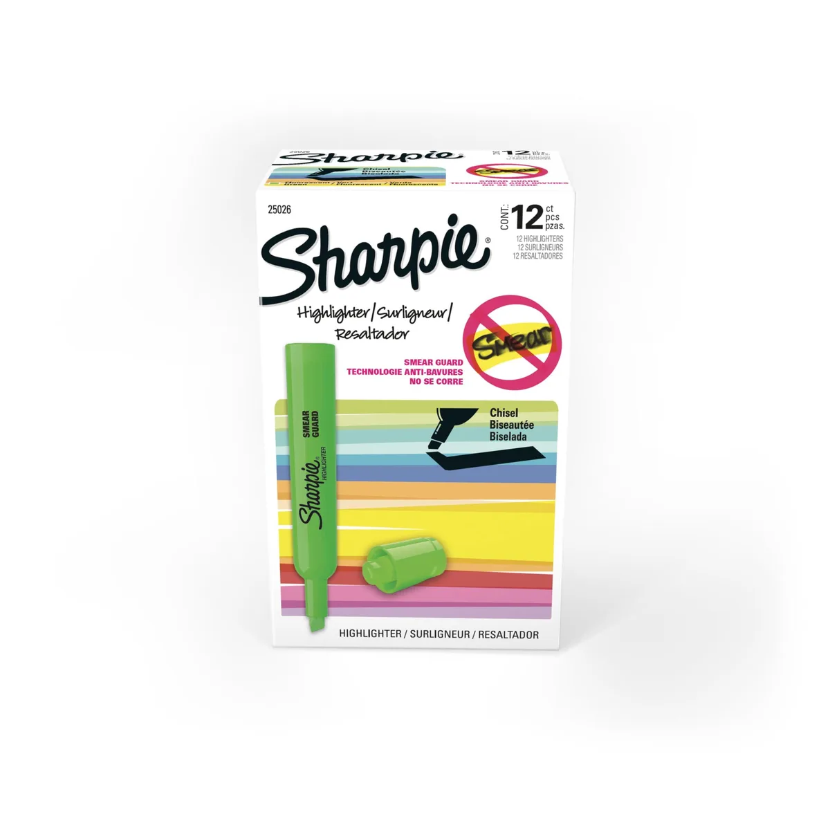 Box of 12 fluorescent green chisel-tip highlighters with wide barrels