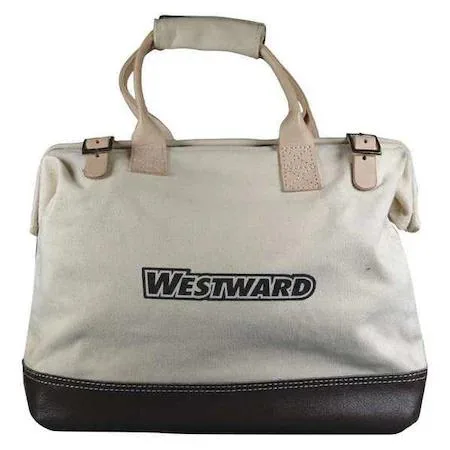 Tan canvas tool bag, wide-mouth rectangle with buckle closure, reinforced bottom, water-resistant