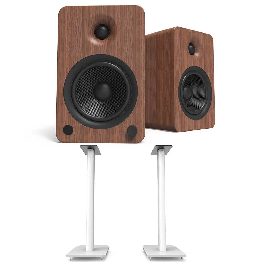 Kanto Kanto YU6WALNUT 200W Bookshelf Speakers Walnut Pair with SP26PLW 26" Stands White Pair — product photo