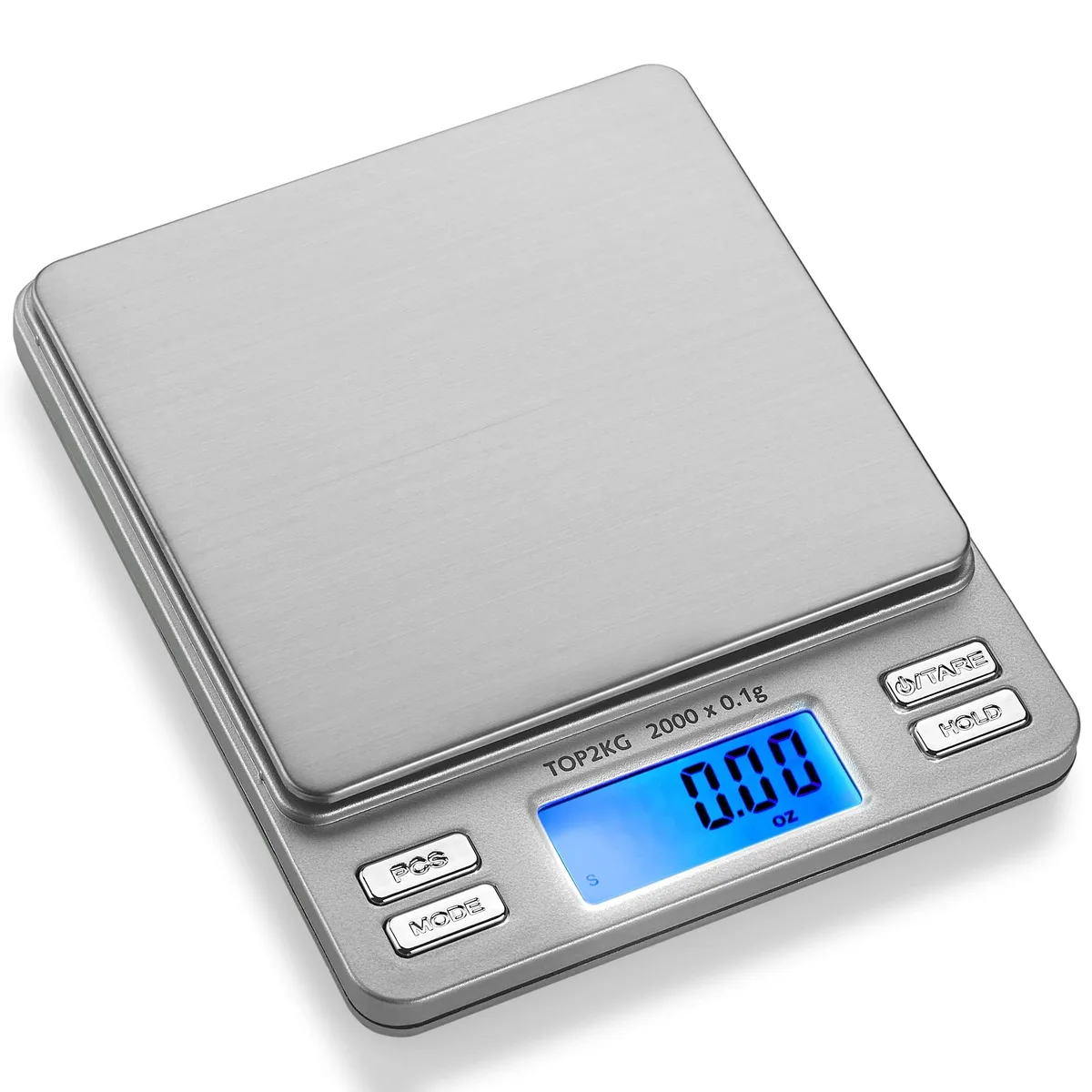 Silver pocket digital scale with LCD display, two trays and protective cover