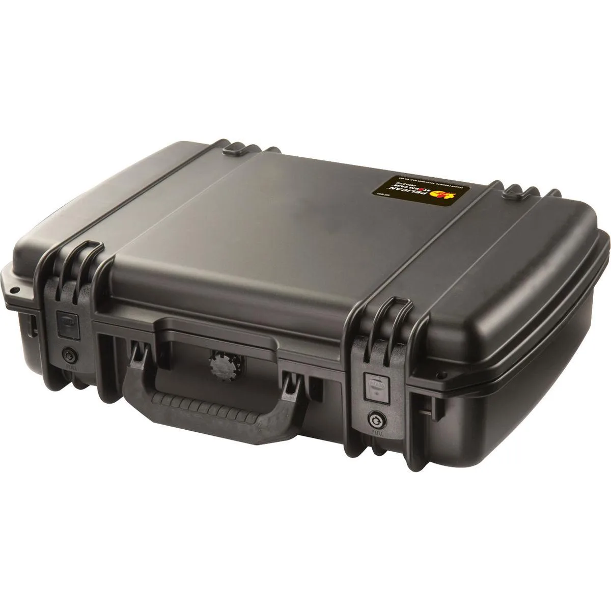 Black rectangular hard-shell camera case with two press-and-pull latches and a double-layer soft-grip handle