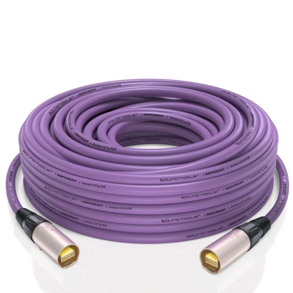 Purple shielded CAT5e cable on reel with etherCON ends