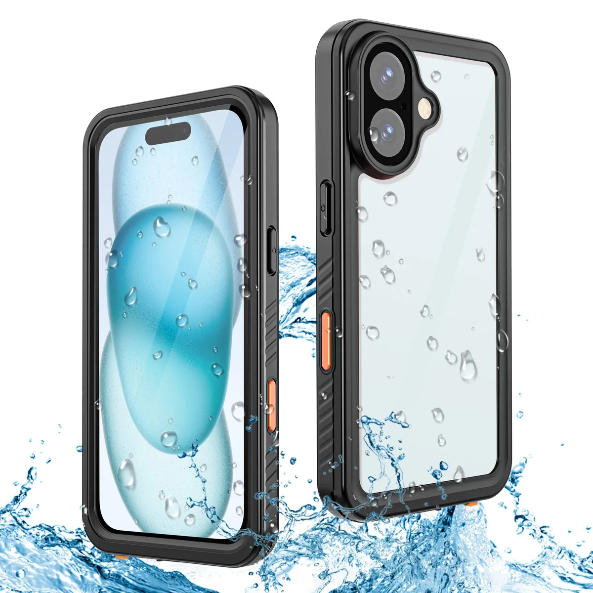 Black waterproof case for iPhone 16 Plus with built-in screen protector and lanyard