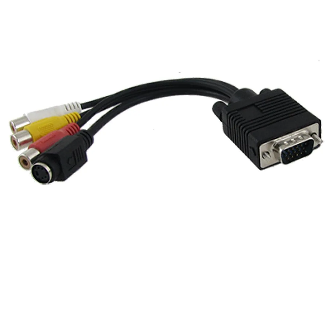Short black adapter cable with VGA male plug splitting to S-Video and three RCA female ports