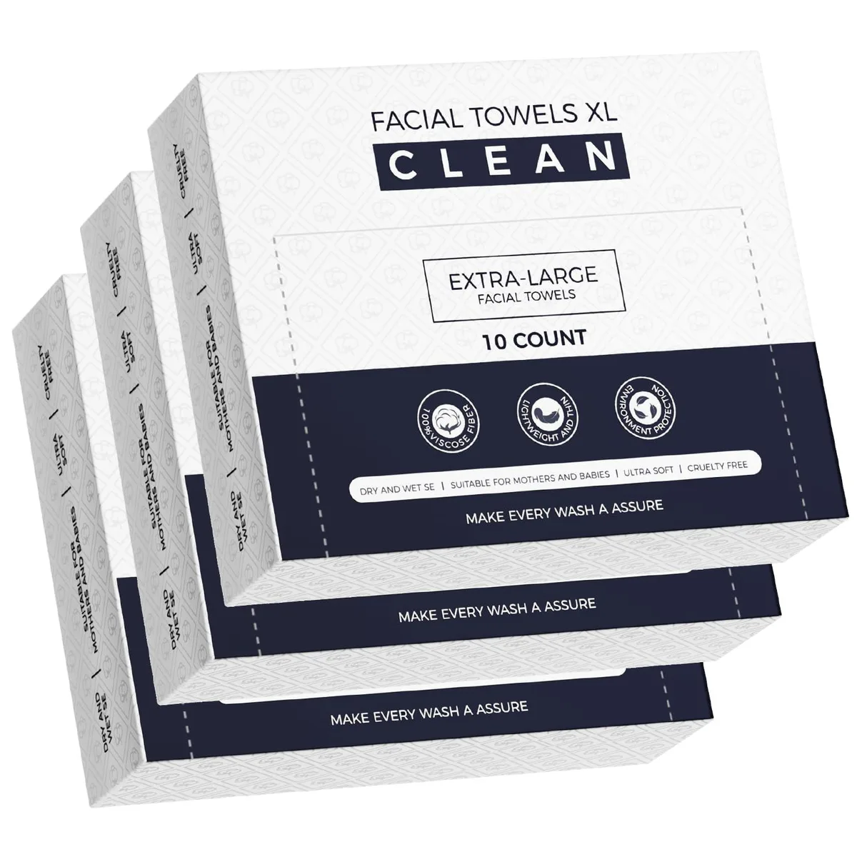 Three white boxes of disposable face towels, 30 count total