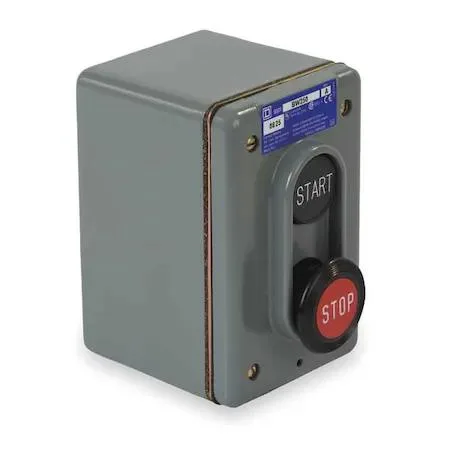 Gray zinc wall-mounted control station with two mushroom push buttons, black and red, 30 mm size