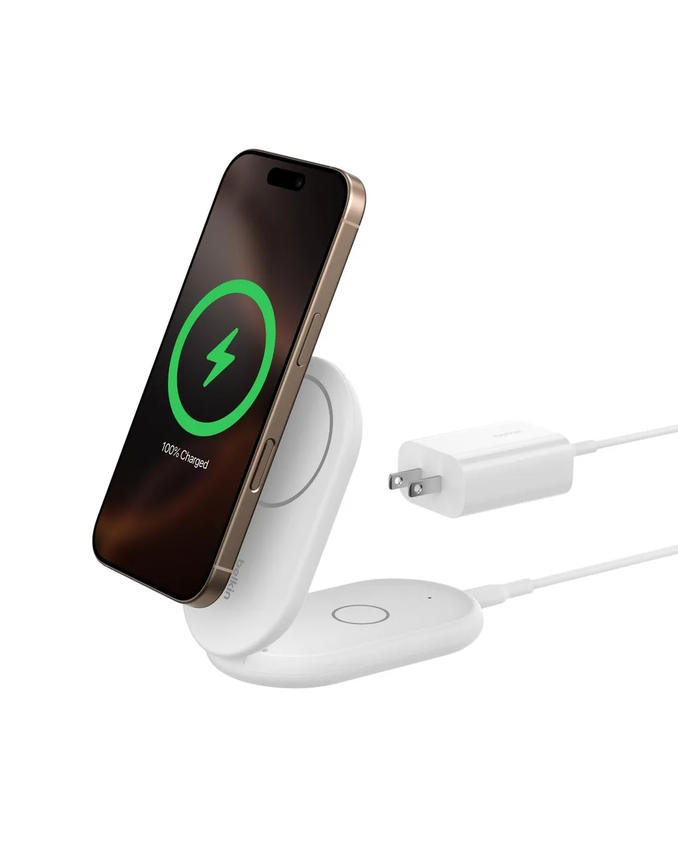White foldable wireless charging stand with magnetic pad and non-slip base