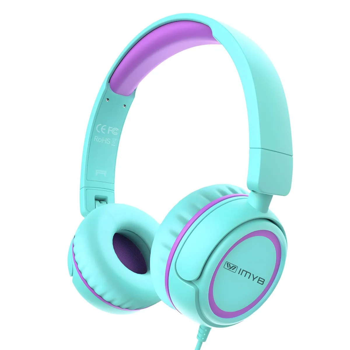 Green kids wired headset, foldable on-ear design, soft earpads, braided 3.5mm cable