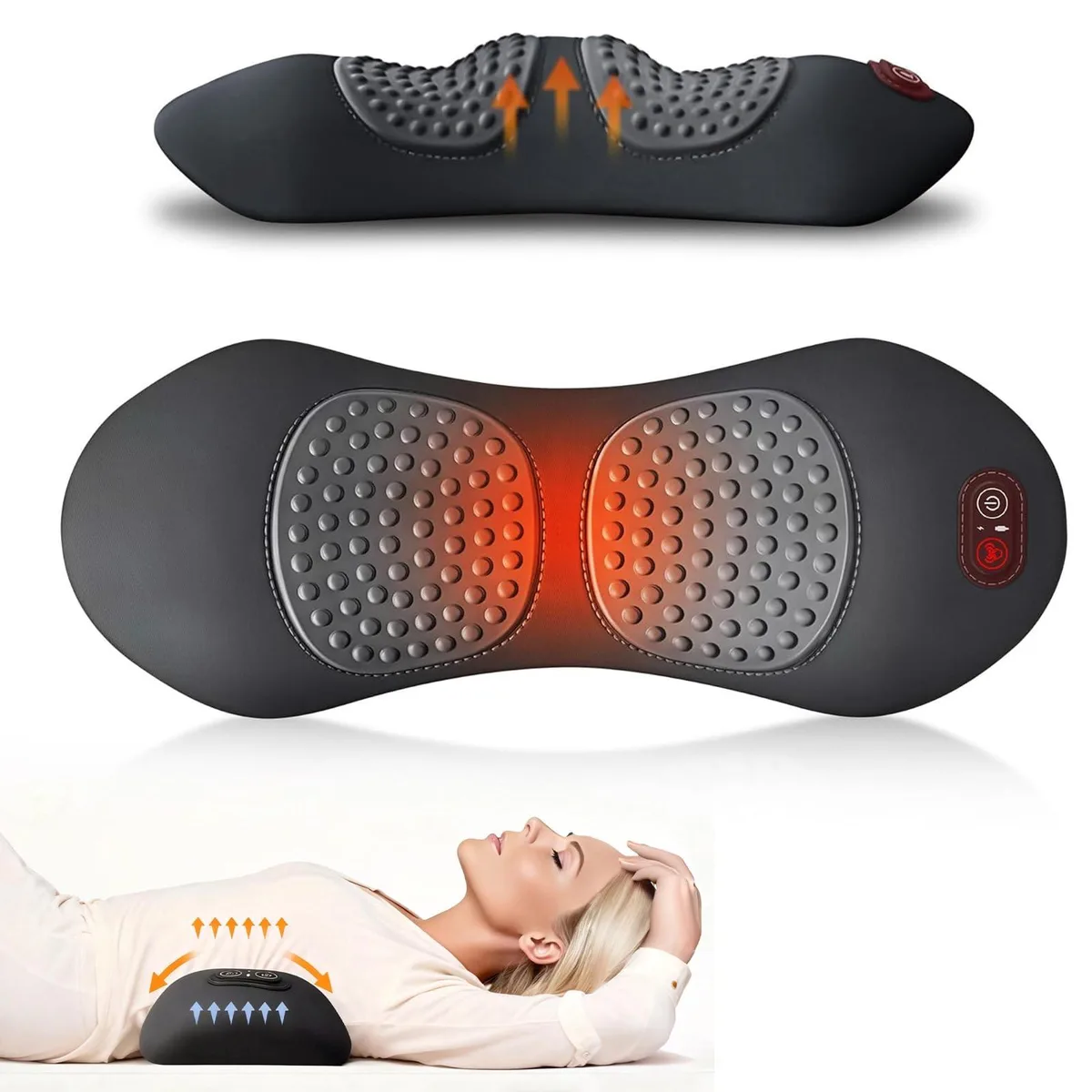 Grey rectangular lumbar pillow with corded control unit