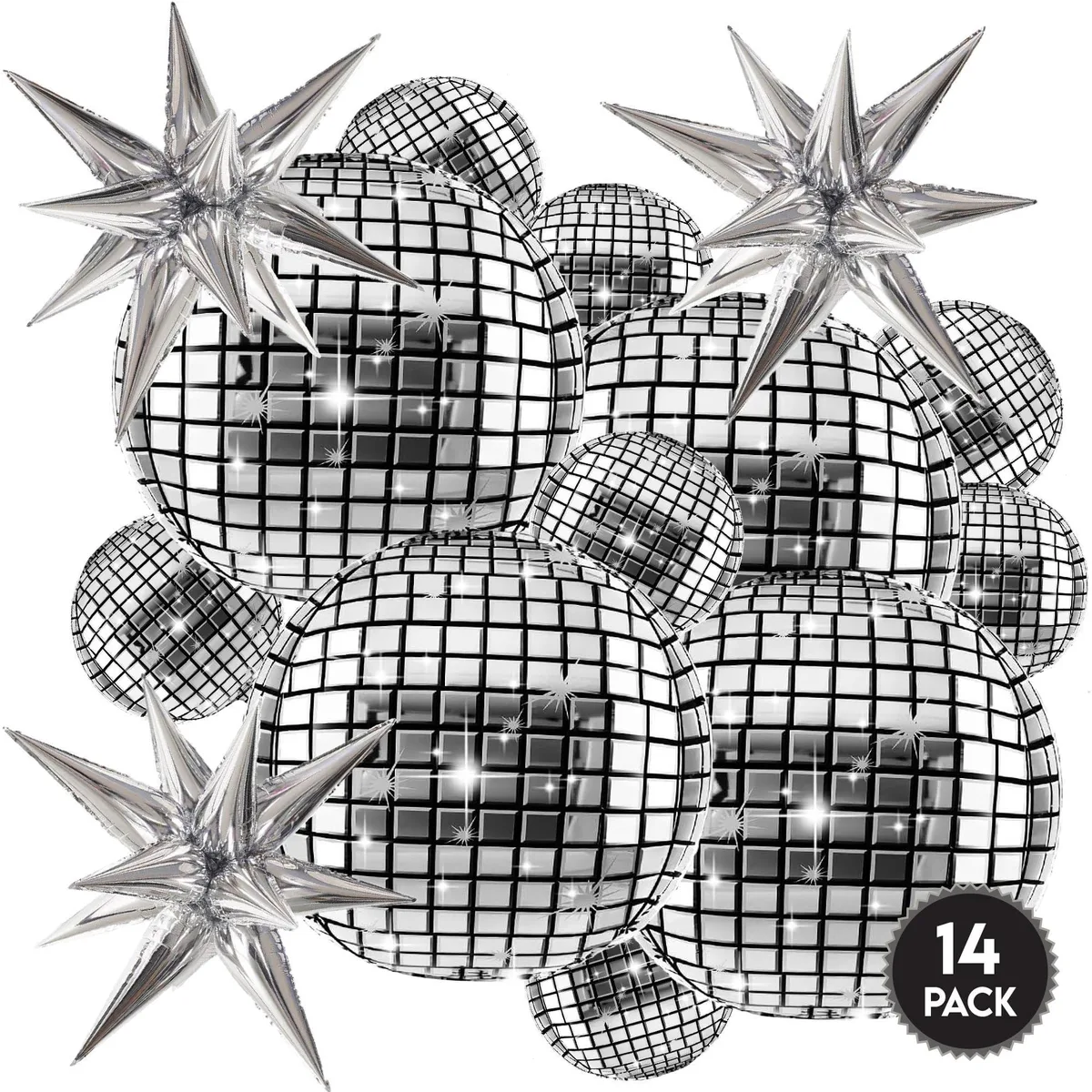 Pack of 14 silver foil disco ball and star balloons with ribbon and inflation pipe