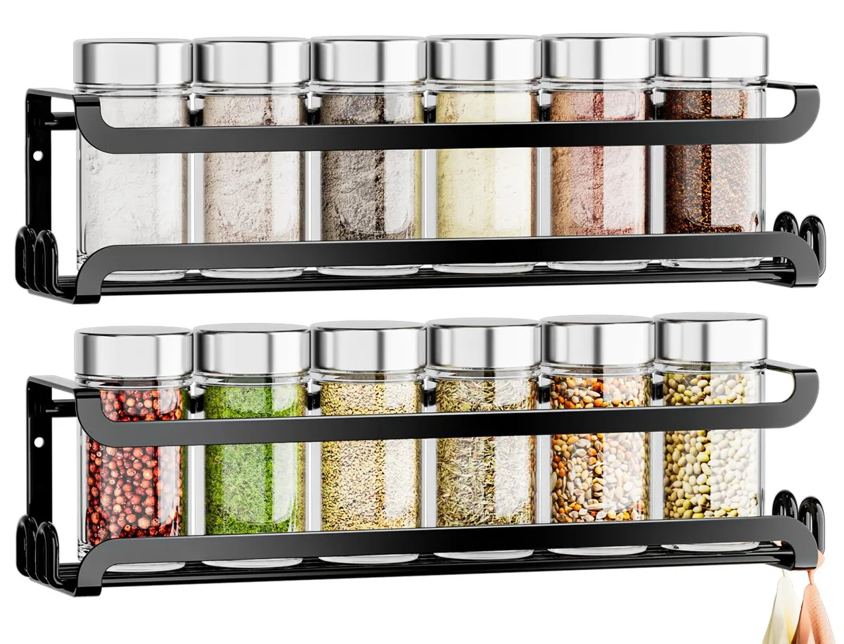 Two red plastic spice racks, two-tier round shelves with guardrails and hooks, wall-mountable