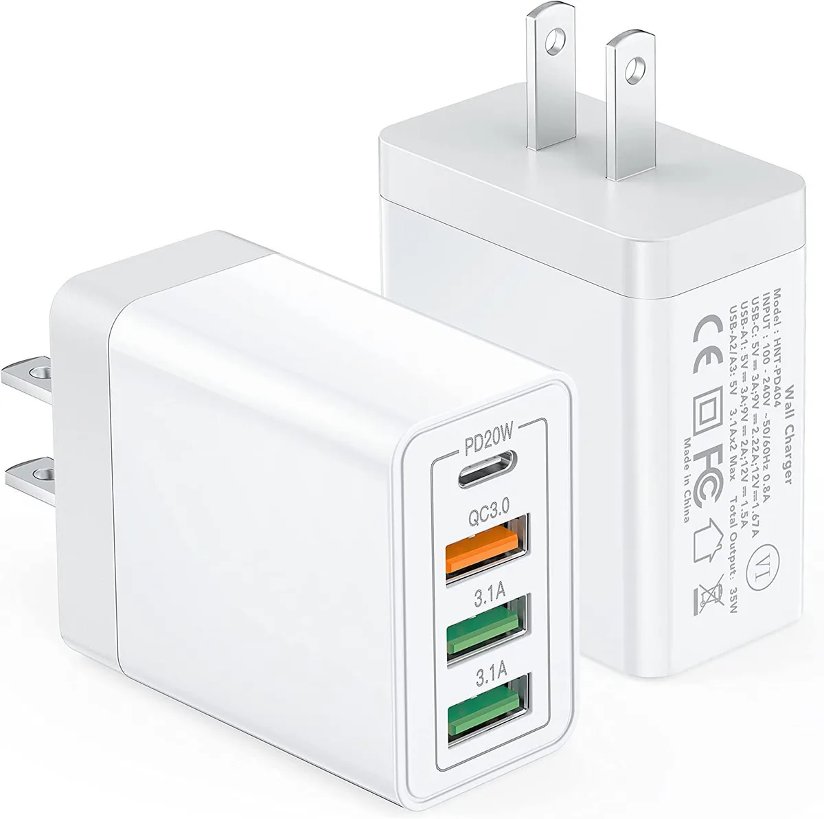 Two white cube chargers each with one USB-C and three USB-A ports