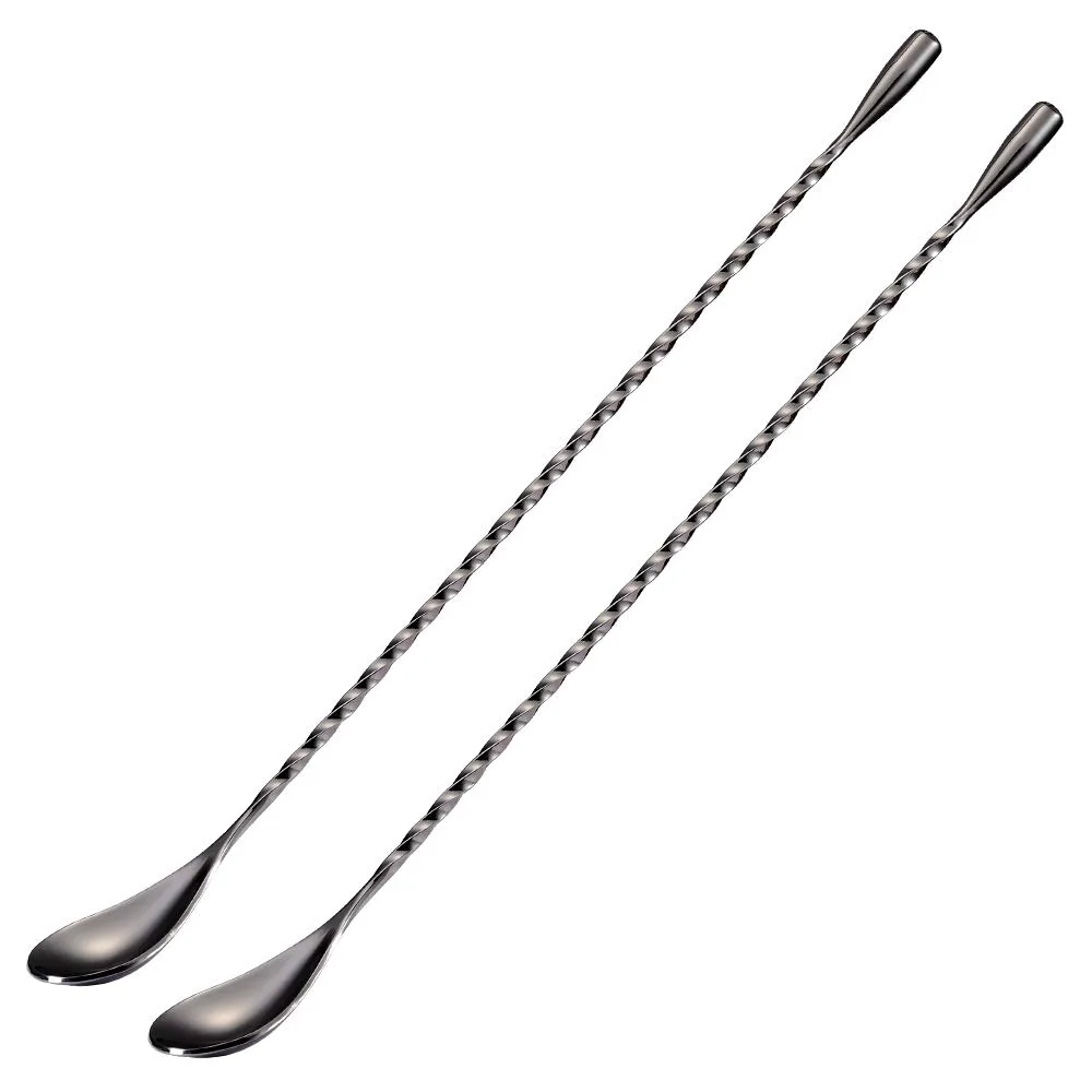 Two black twelve-inch bar spoons with twisted handles and teardrop ends