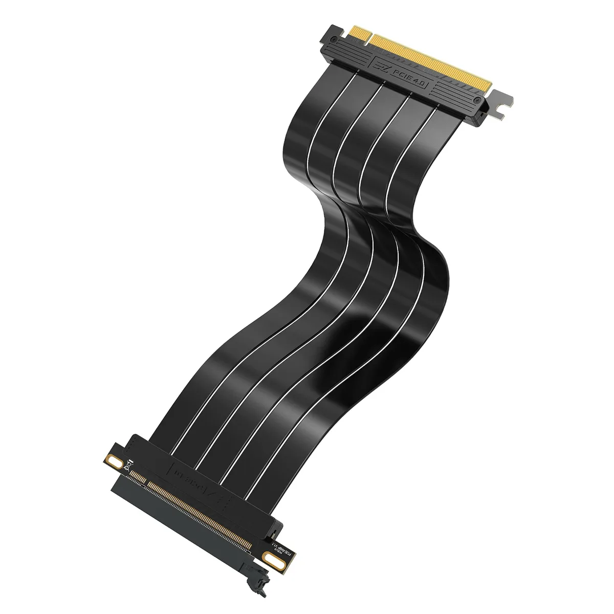 Flat black PCIe 4.0 x16 riser cable with straight connectors, 30cm long