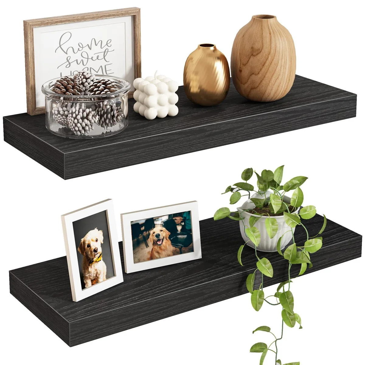 Two black wood-grain floating shelves with metal brackets