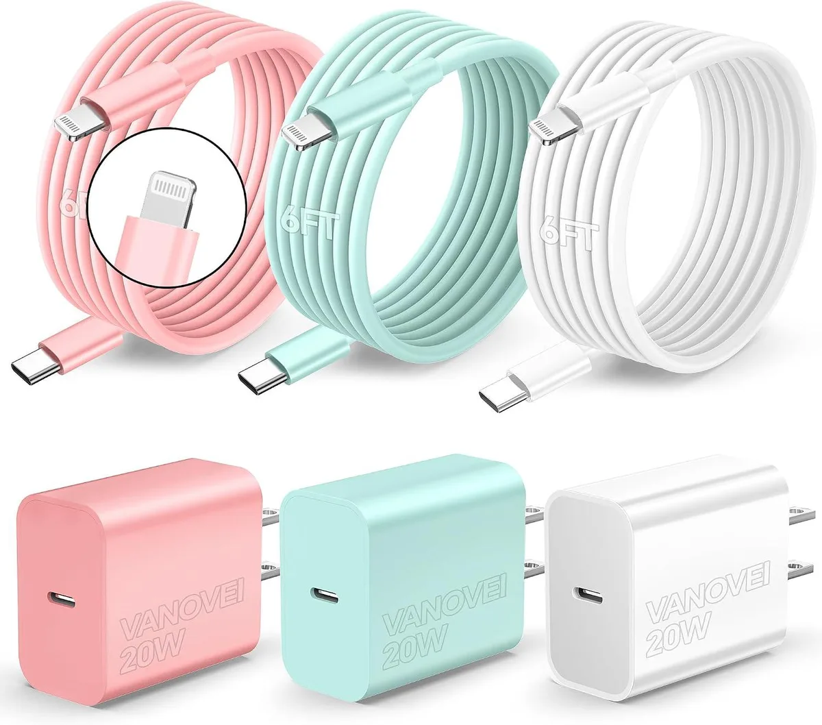 ONITOON ONITOON 20W PD USB-C Wall Charger 3 Pack with 6ft Cables for iPhone 14/13/12/11 — product photo