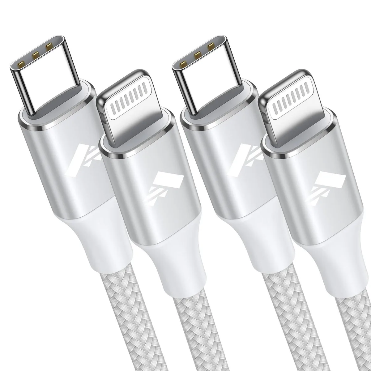Two white braided USB-C to Lightning cables coiled side by side