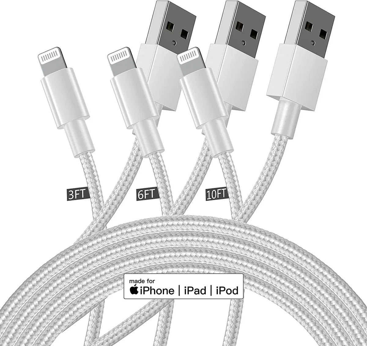 Mickey Technology Mickey Technology Lightning Cable 3 Pack White 3ft 6ft 10ft — product photo