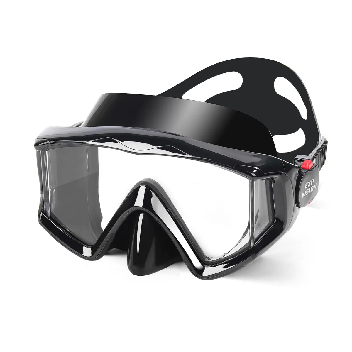 Black three-window snorkel mask with clear polycarbonate lenses and liquid silicone skirt