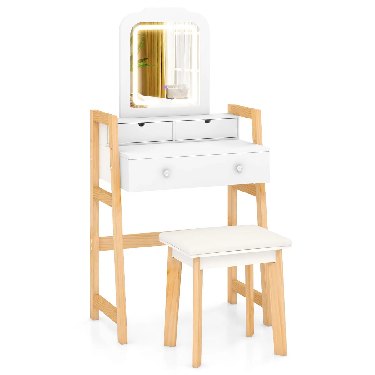White vanity desk with LED mirror, drawers and matching stool