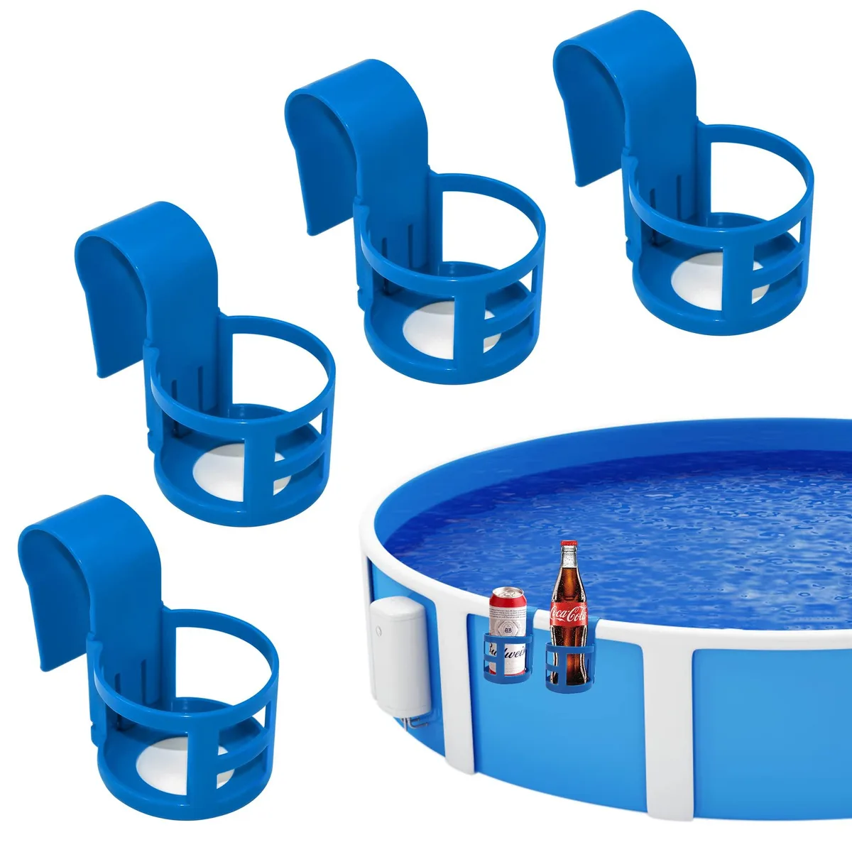 Four yellow nylon cup holders with clips for round pool bars up to two inches, each 14 cm long and 61 g