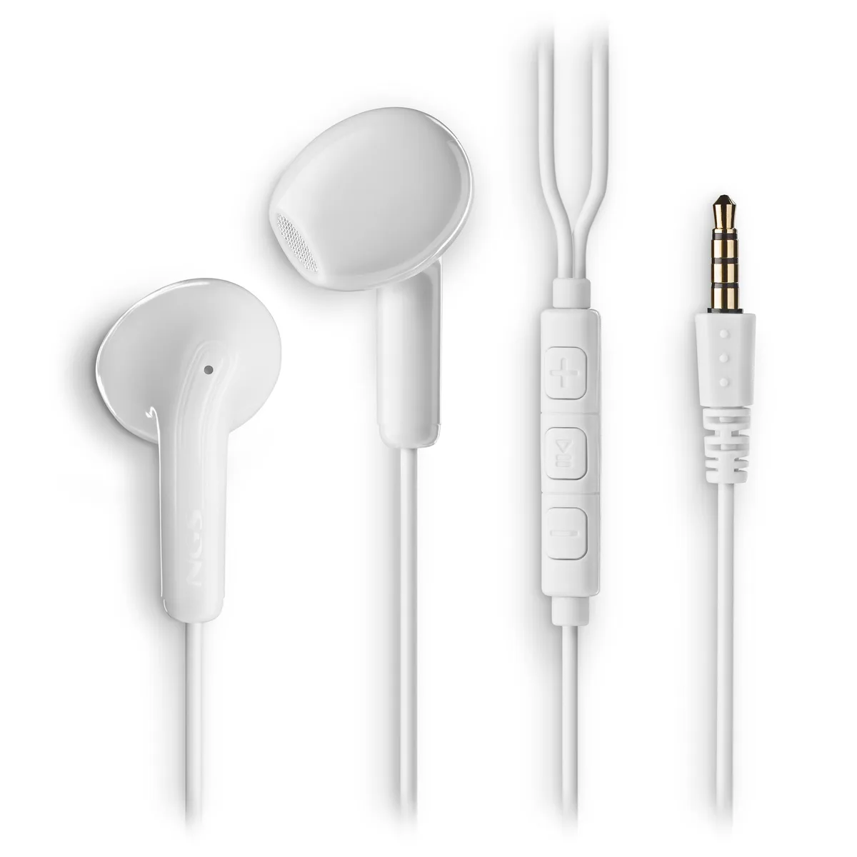 White in-ear wired earbuds with 3.5mm plug and inline mic control on 1.2m cable