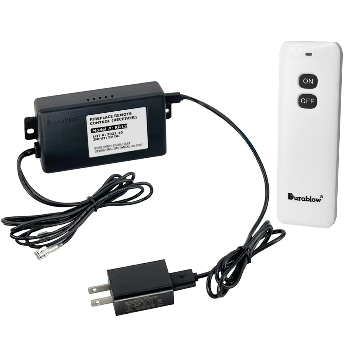 A black handheld remote and a white plug-in receiver box for a gas fireplace