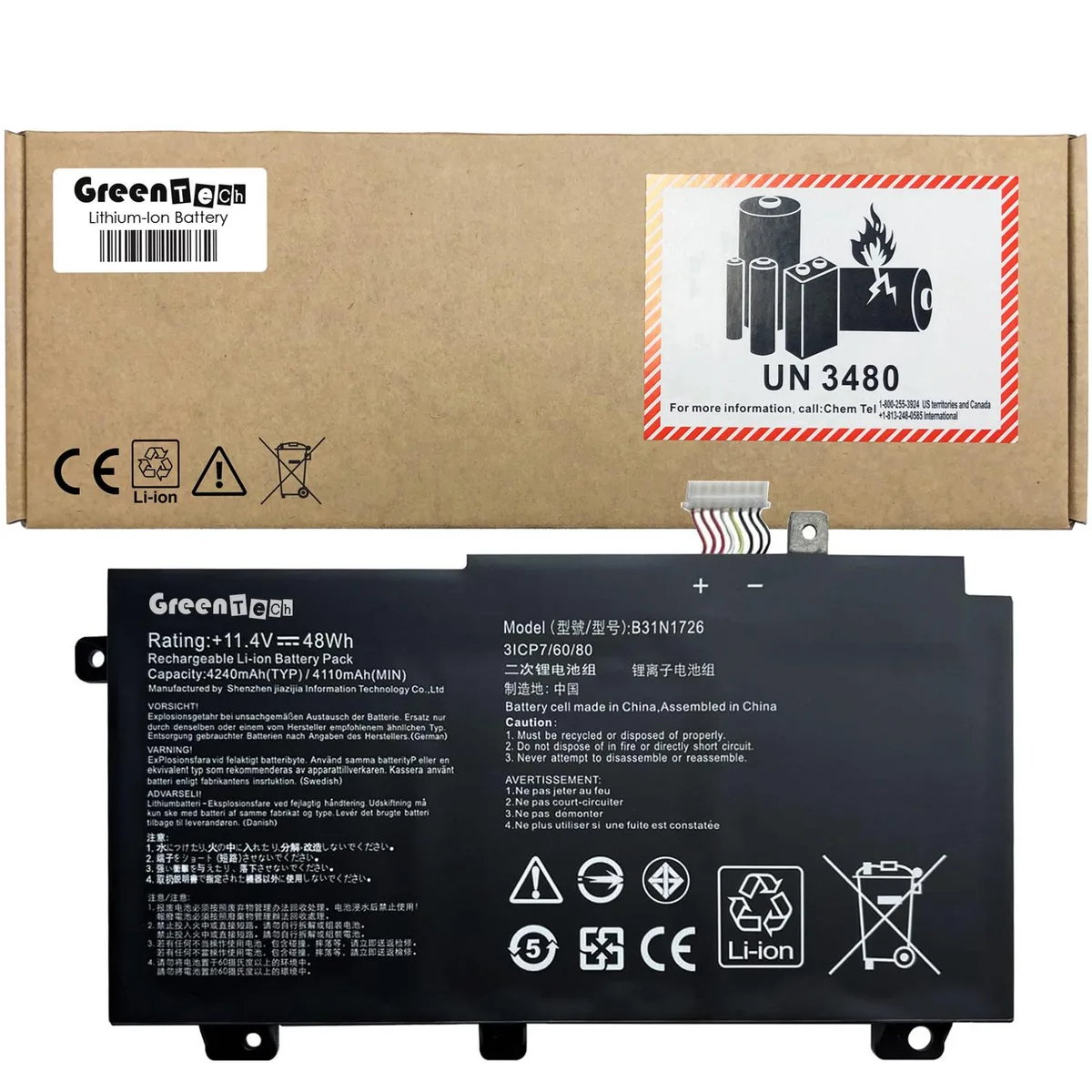 GreenTechLLC GreenTechLLC B31N1726 48WHR 11.4V 4240mAh 3-cell laptop battery (Short Cable) — product photo
