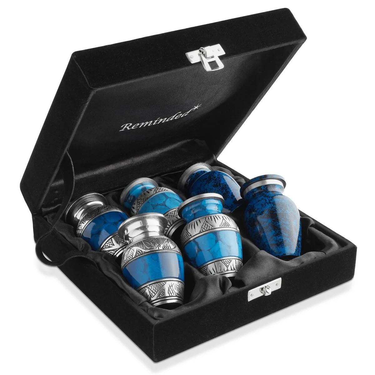 Reminded Reminded Mini Keepsake Urn Set of 6 Blue Silver Velvet Case — product photo