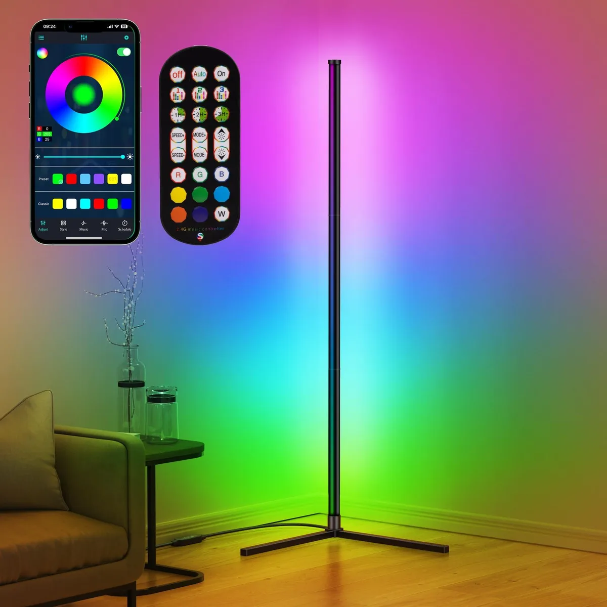 Tall 130 cm corner floor lamp with rectangular aluminium housing in RGB finish