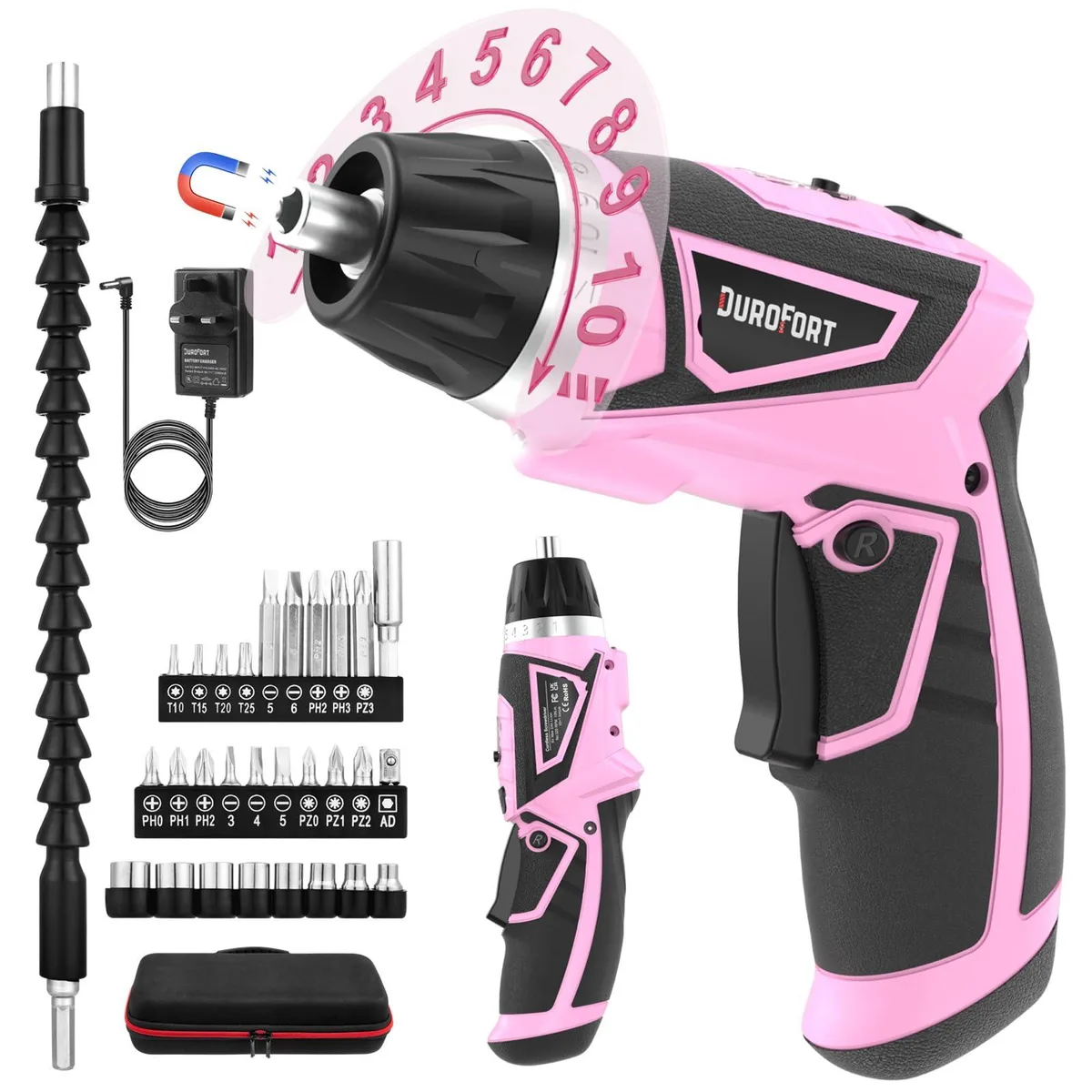 Pink cordless screwdriver with dual-angle handle, LED light, 39-piece bit set