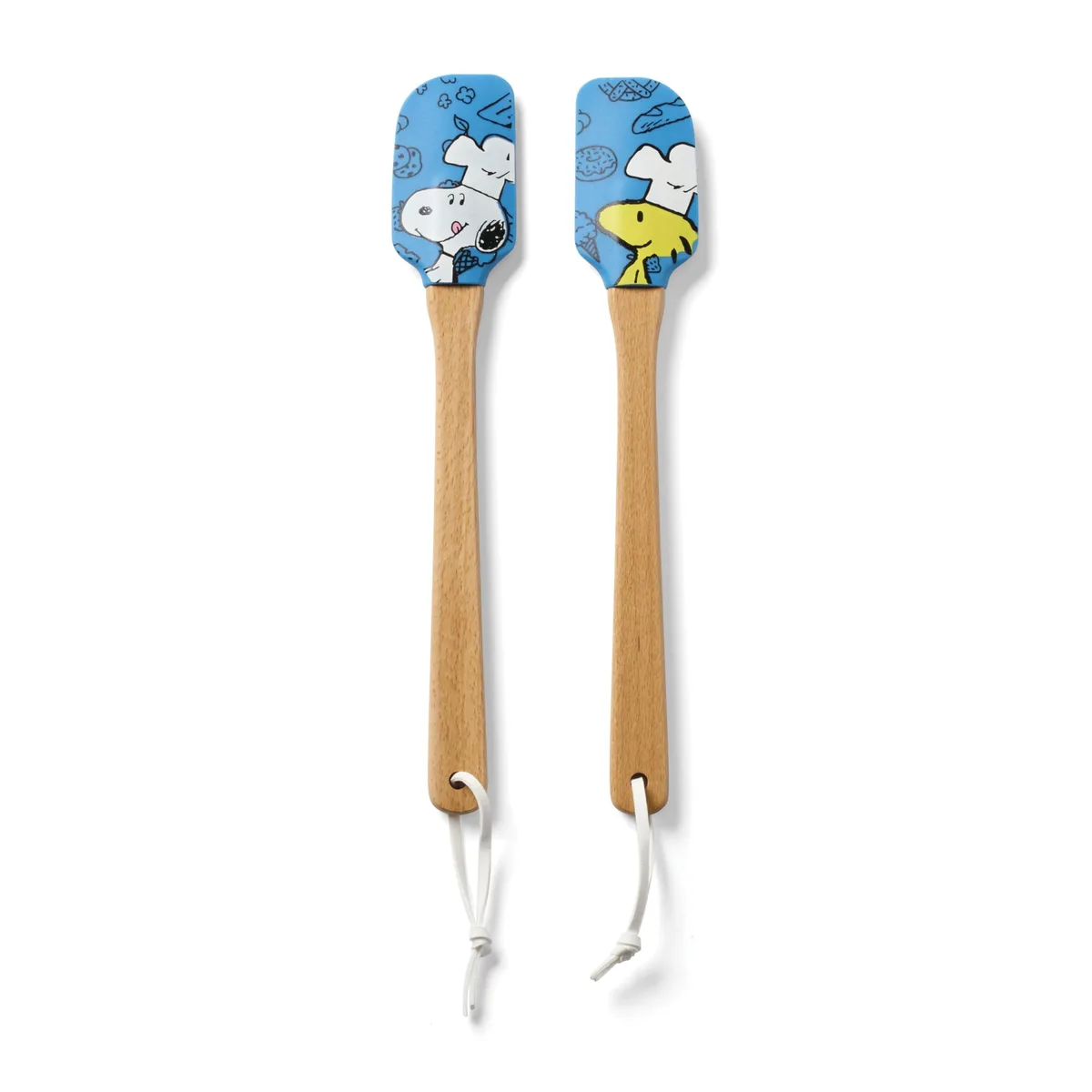Two blue silicone spatulas with Snoopy and Woodstock designs, 12.01 inches long, 2.05 inches wide