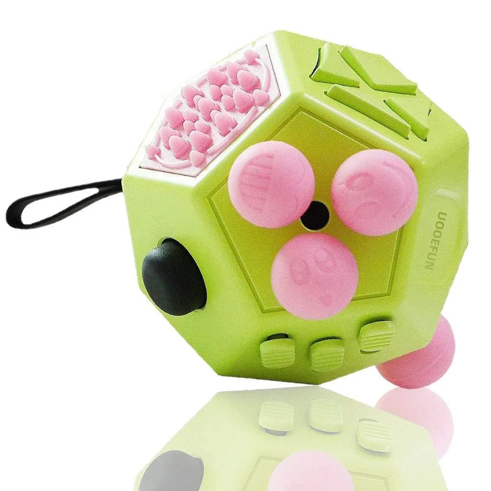 Green 12-sided plastic fidget cube with textured sides and tactile controls