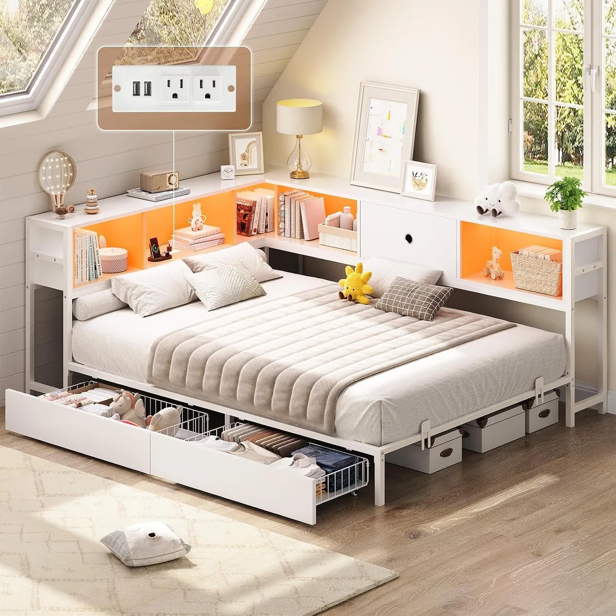 BFKK BFKK Corner Full Bed with Storage Drawers, Bookcase Headboard, LED Lights, Charging Station, White — product photo