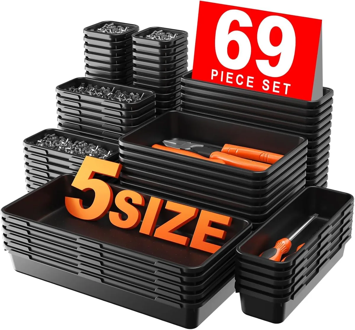 Black plastic tool organizer set, 69 interlocking trays in five sizes, inside a drawer