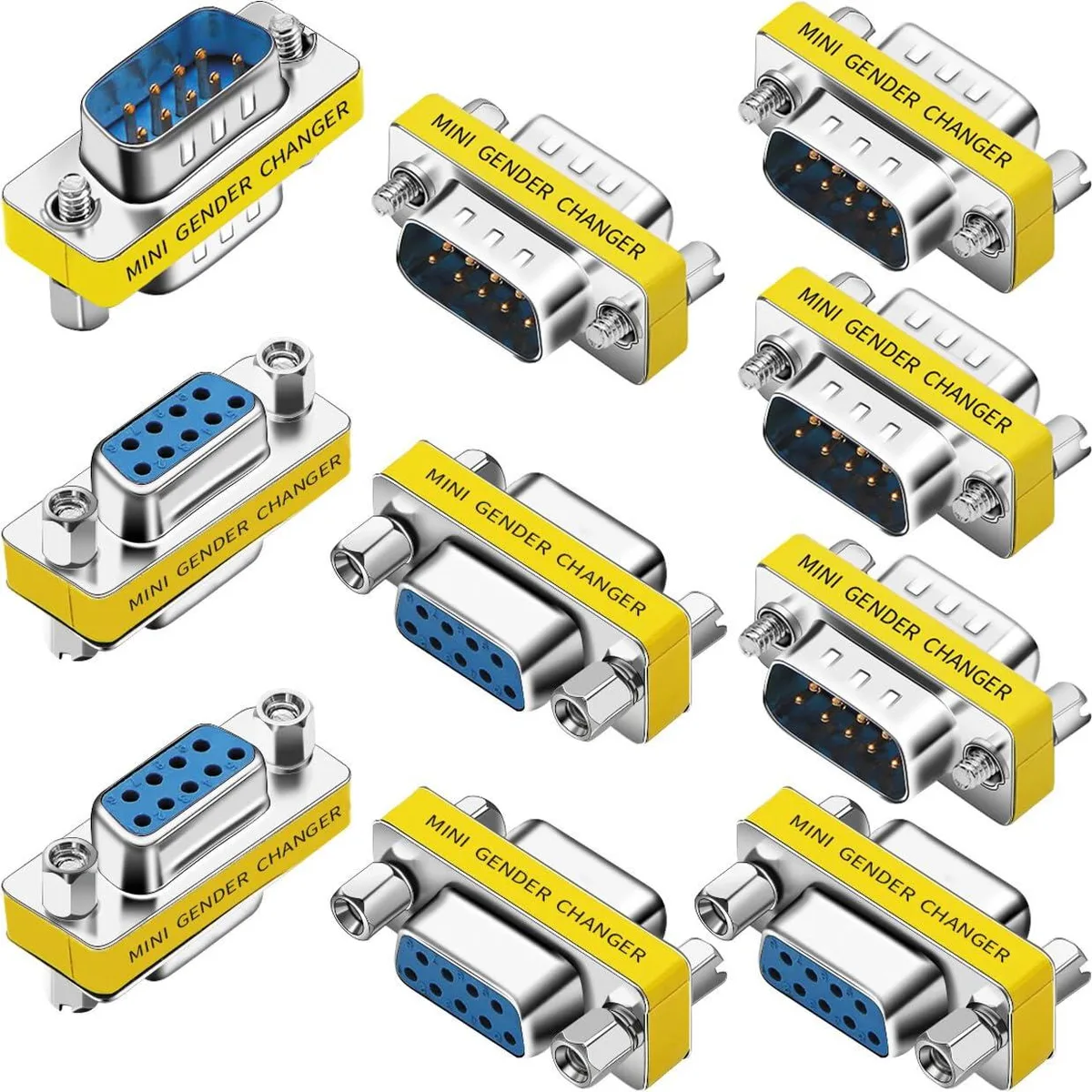Ten nickel-plated DB9 gender changers five male five female