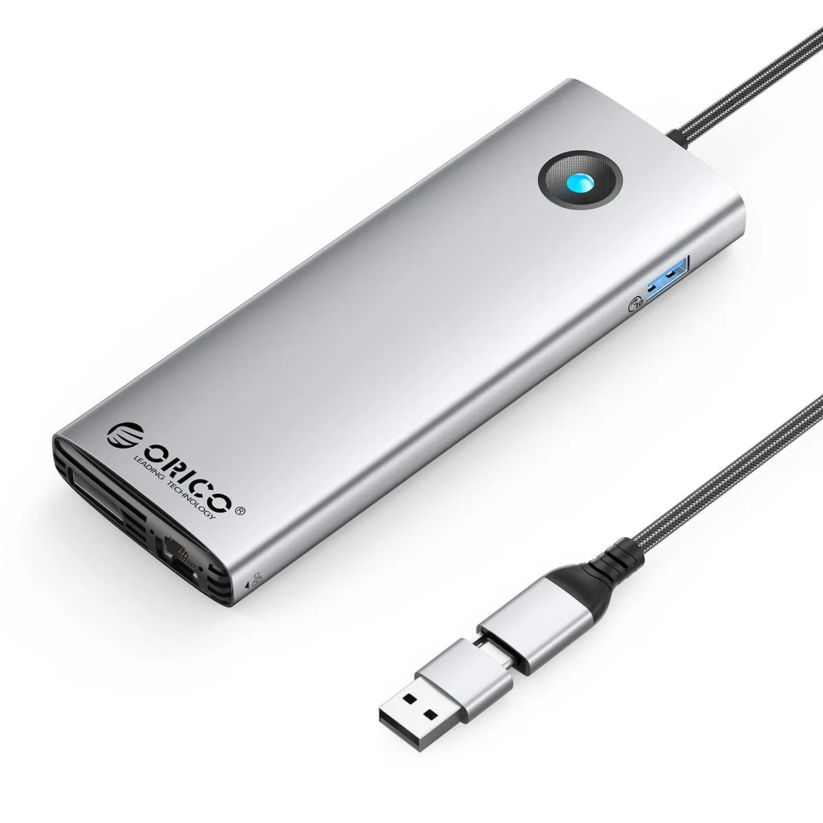 Compact silver docking station with aluminum alloy body and integrated 20cm cable