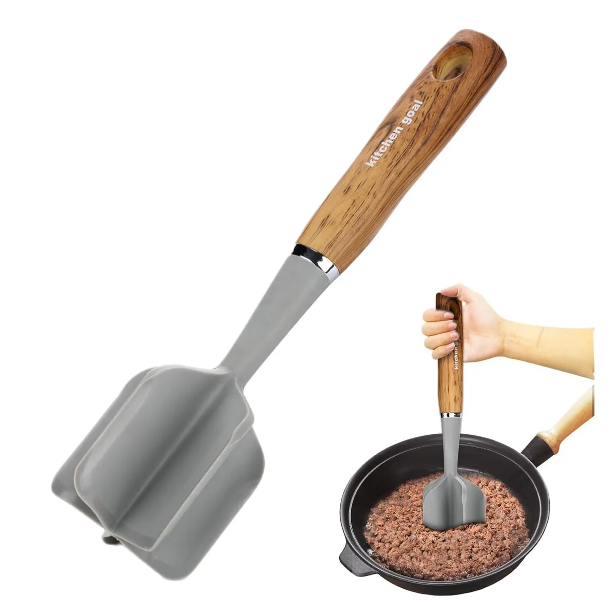 Grey nylon meat chopper with ergonomic handle, .35 lb, heat resistant to 428°F