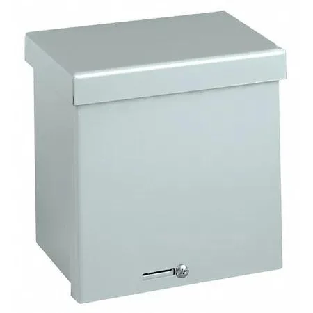 Galvanised steel electrical box, 12 by 15 by 6 inches, padlockable hasp, screw-on cover