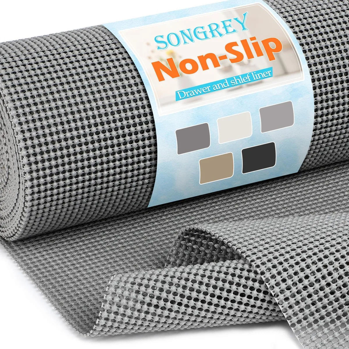 Dark gray non-slip shelf liner roll, open grid pattern, 12 by 20 feet