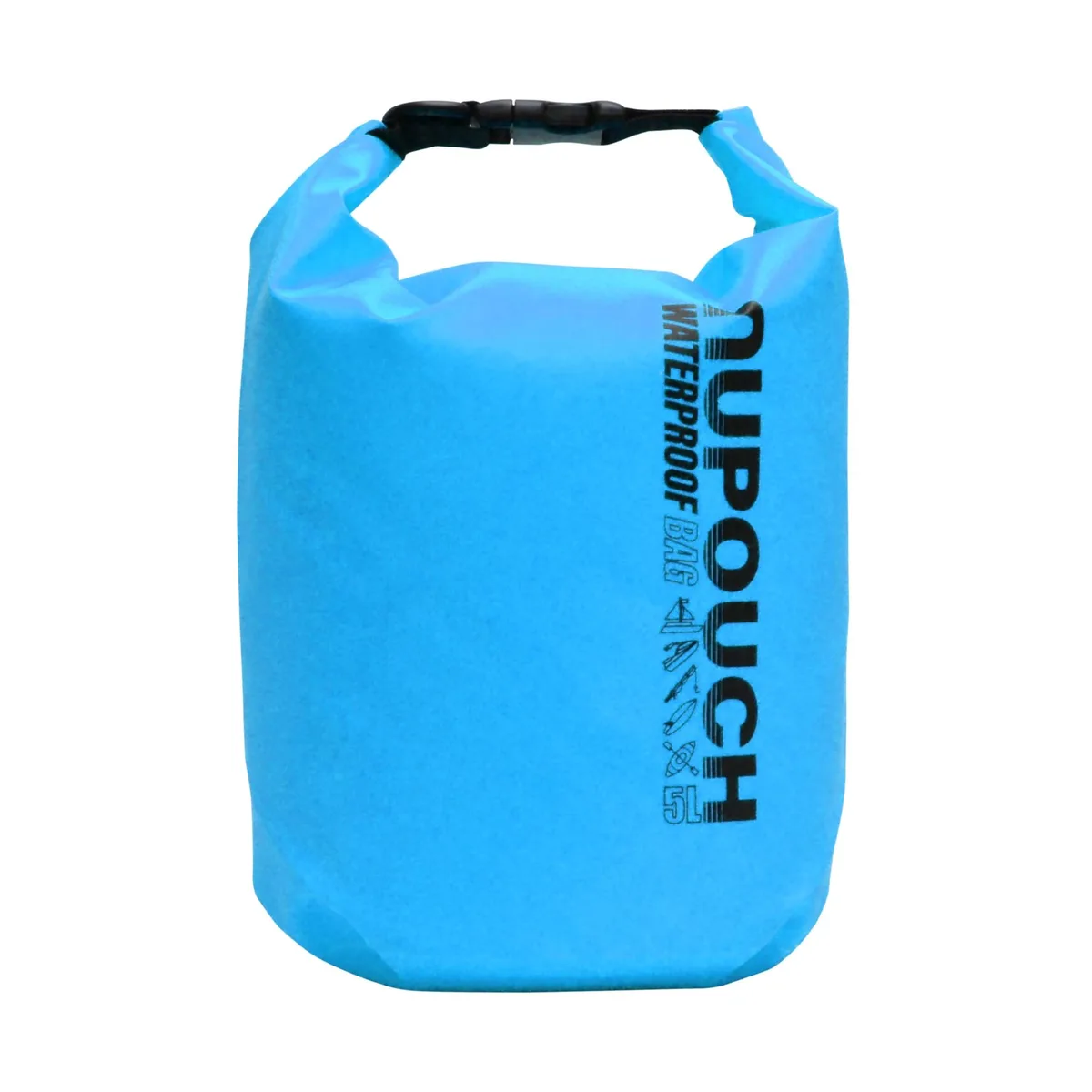 Light blue 5L vinyl dry bag with roll-top buckle closure and shoulder strap