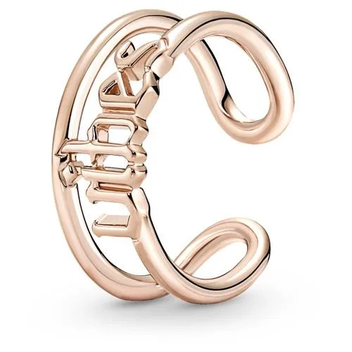 Open ring with 14k rose-gold plating and word vibes in continuous line design