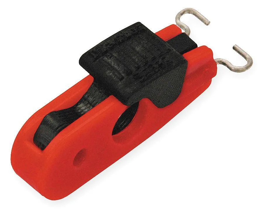 Red miniature circuit breaker lockout, pin-in standard, compact rectangular body with lockout holes