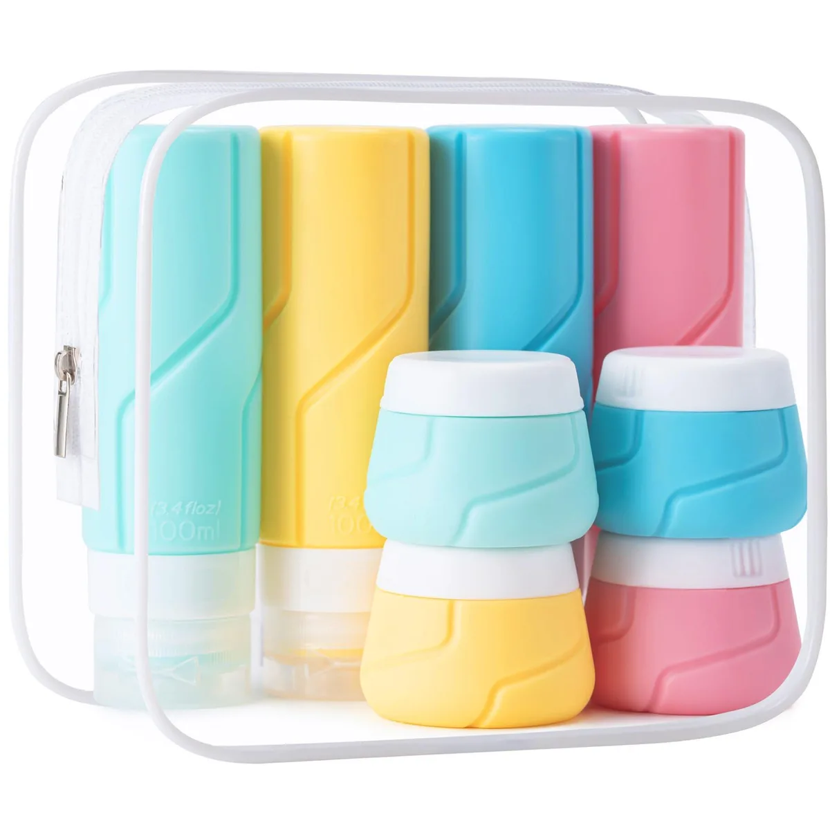 15-piece travel bottle set in clear zip bag, multi-colour silicone bottles and jars